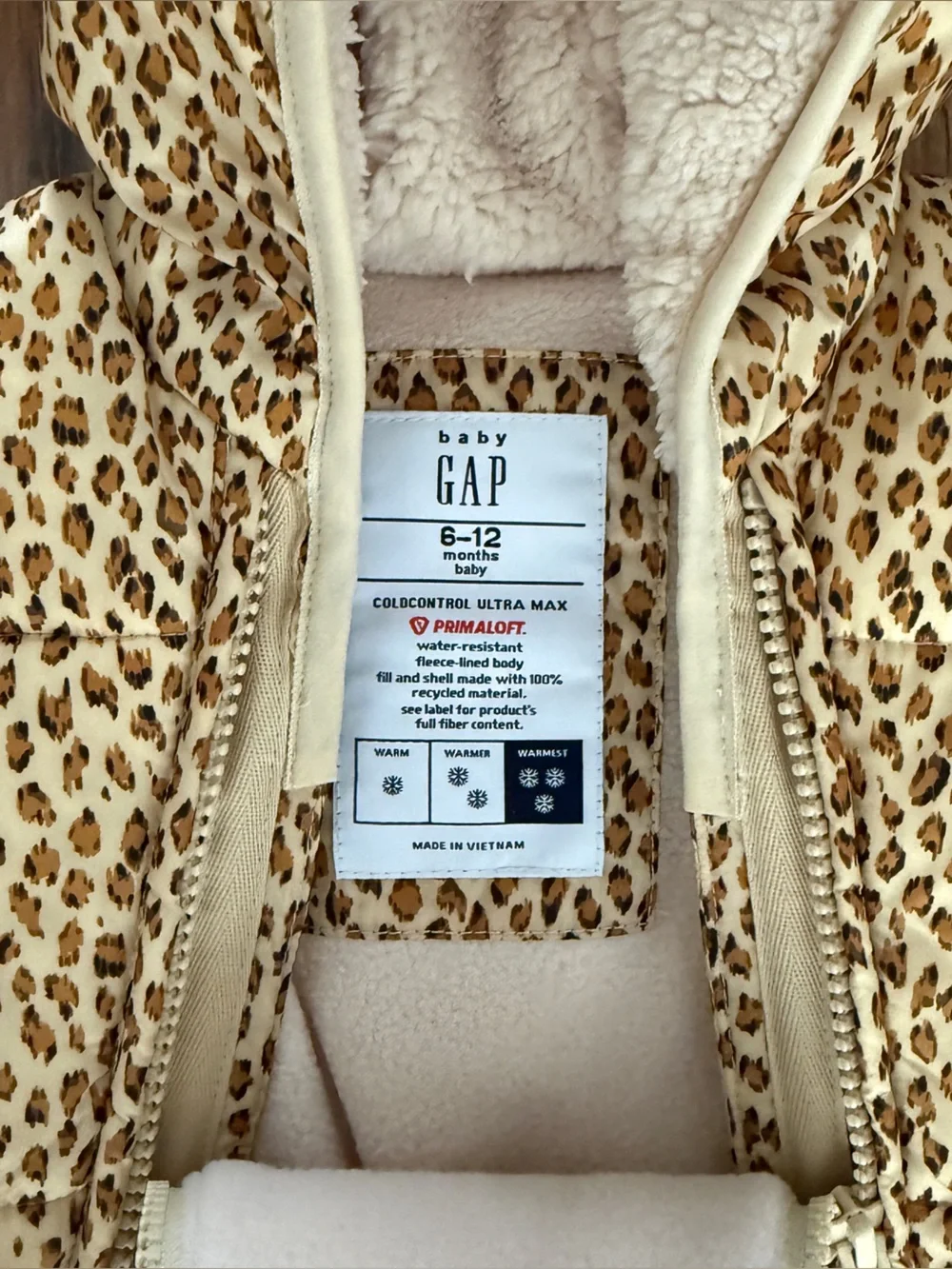 GAP Leopard-Print Hooded Puffer Snowsuit in Cream and Brown
